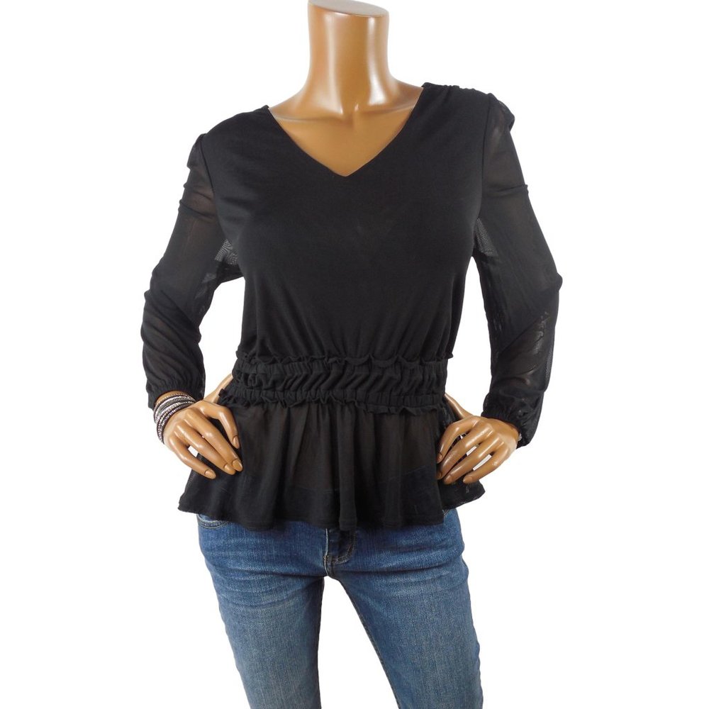 INC Top M Black Blouse Lightweight V-Neck Peplum Casual Party Shirt Long Sleeves